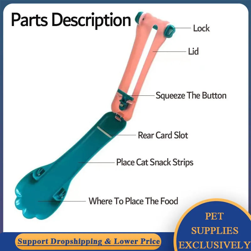 Green and pink plastic pet feed spoon with squeezer dispenser for liquid food and treats