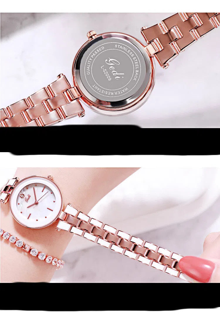 Round white dial ladies quartz watch with stainless steel strap and rose gold accents