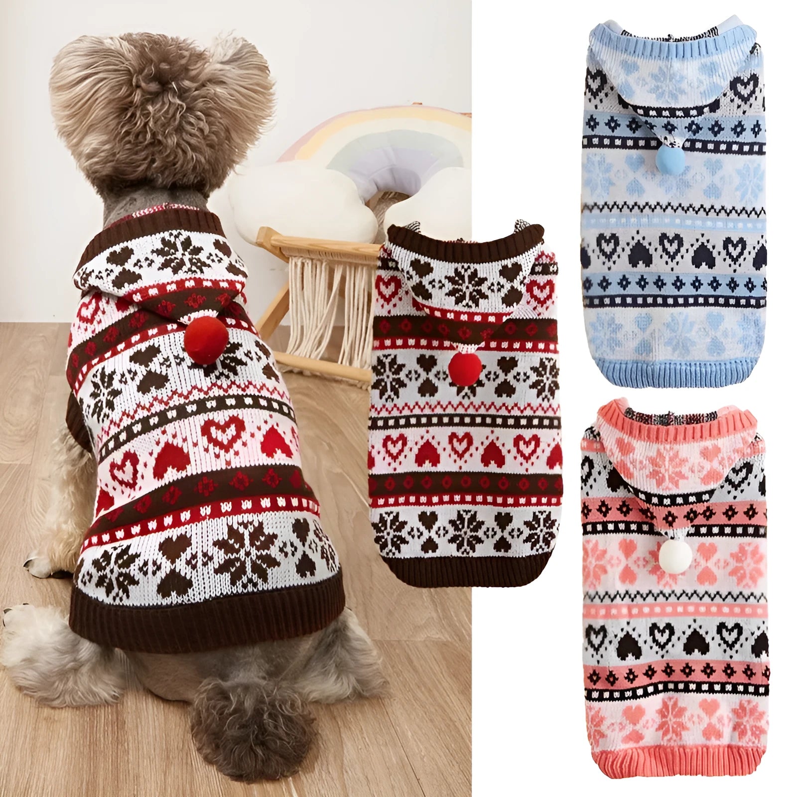 Acrylic dog sweater with snowflake pattern and love stripe camouflage design