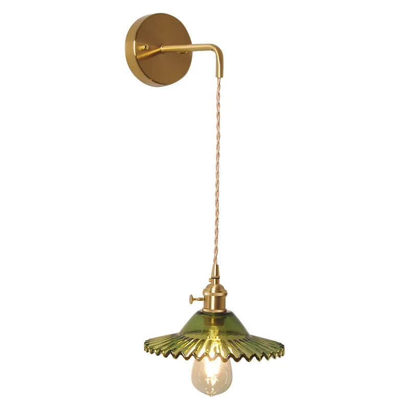 Retro brass lotus wall lamp with glass shade in six colour options