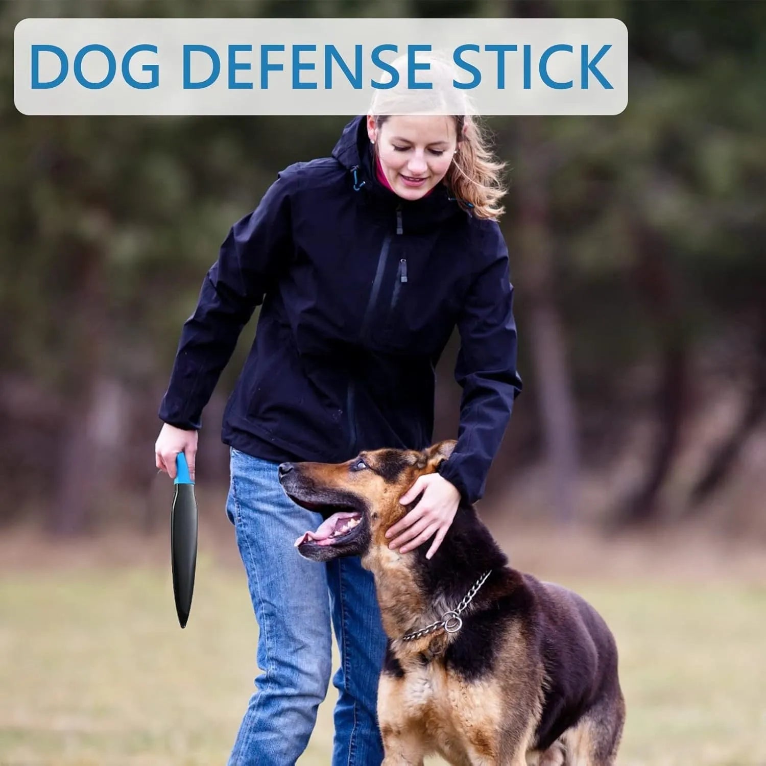 Blue handled dog break stick training tool with nylon construction measuring 35 cm