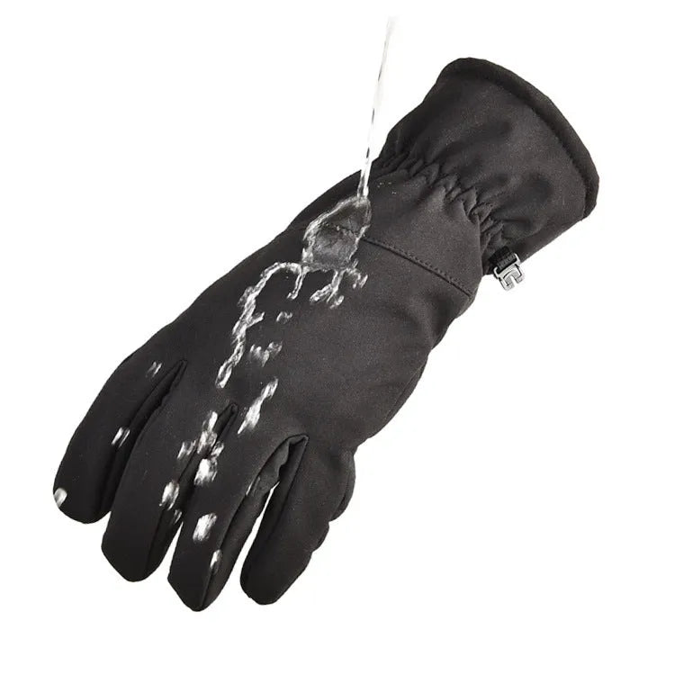 A pair of camouflage nylon ski gloves with touch screen fingertips on a winter background.