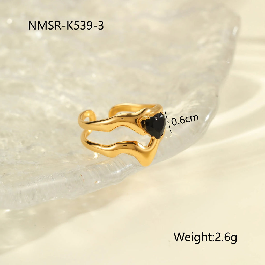 Geometric titanium steel women's ring with zircon stones in open adjustable design