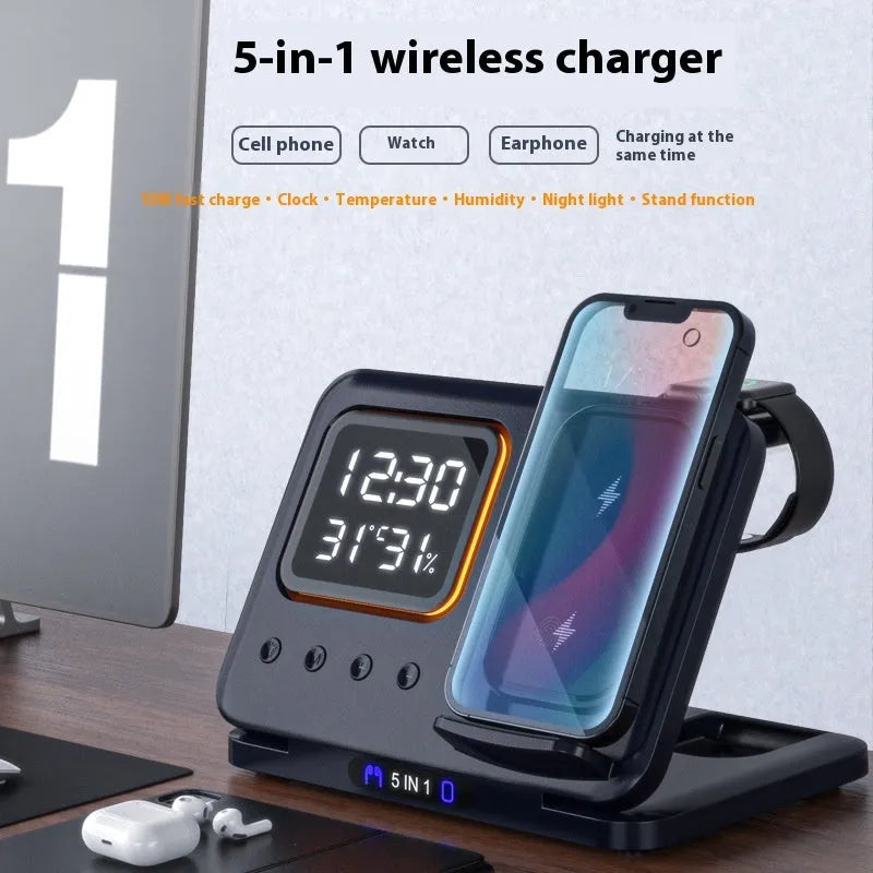 Black and white foldable wireless charging station with digital clock displaying time and temperature