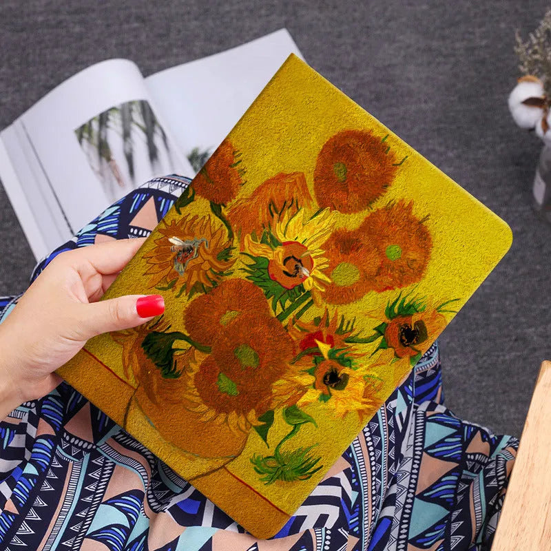 Handmade liquid silicone iPad case with flip cover shown in floral design colours.