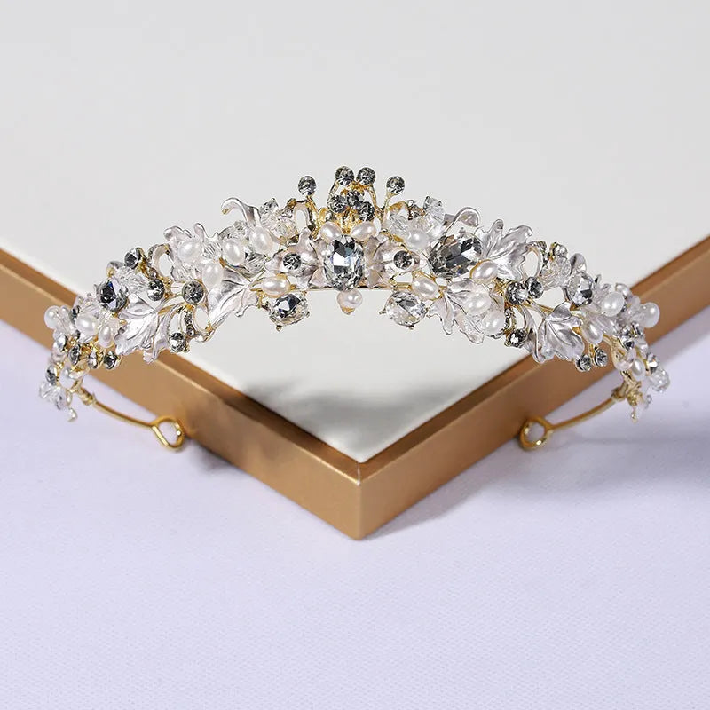 Gold or silver alloy pearl crown headdress hair accessory for women