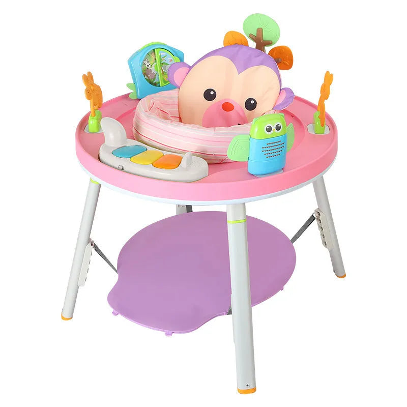 A white baby jumping chair activity centre with a bouncing seat, gymnastic rack, and toys in a duck or lion character design.