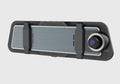 Black dual-lens driving recorder with 9.66-inch touch screen mounted on car rearview mirror.