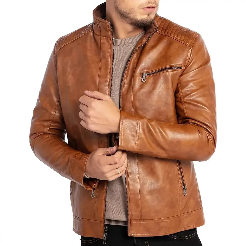 Men's punk style artificial leather biker jacket in Army Green with stand collar and patch pockets