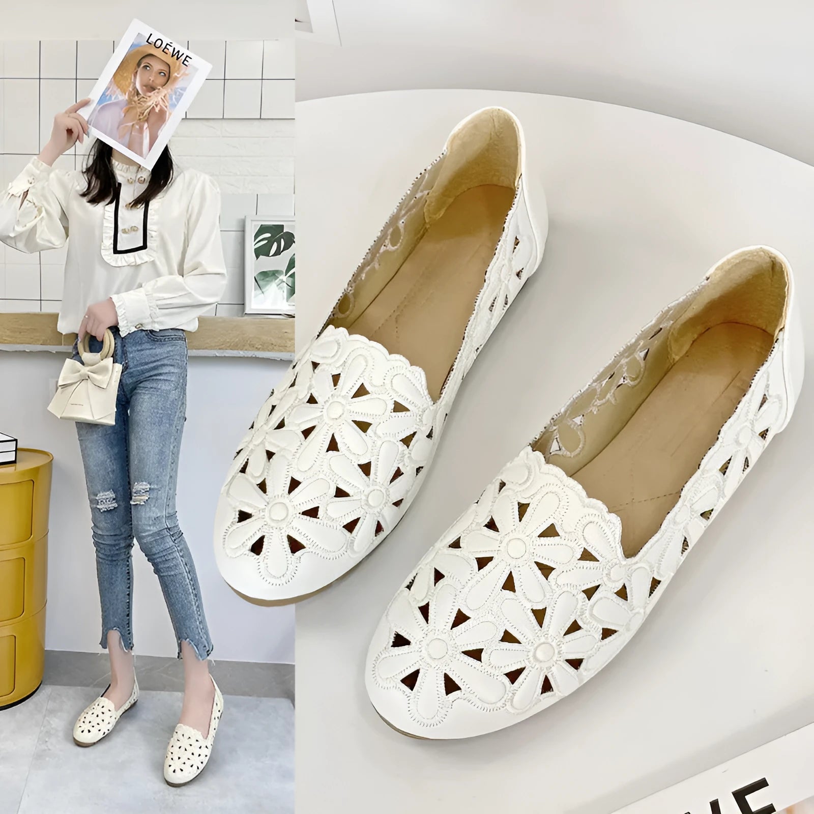 Beige soft bottom hollow breathable casual flat shoes for women with low heel and rubber sole