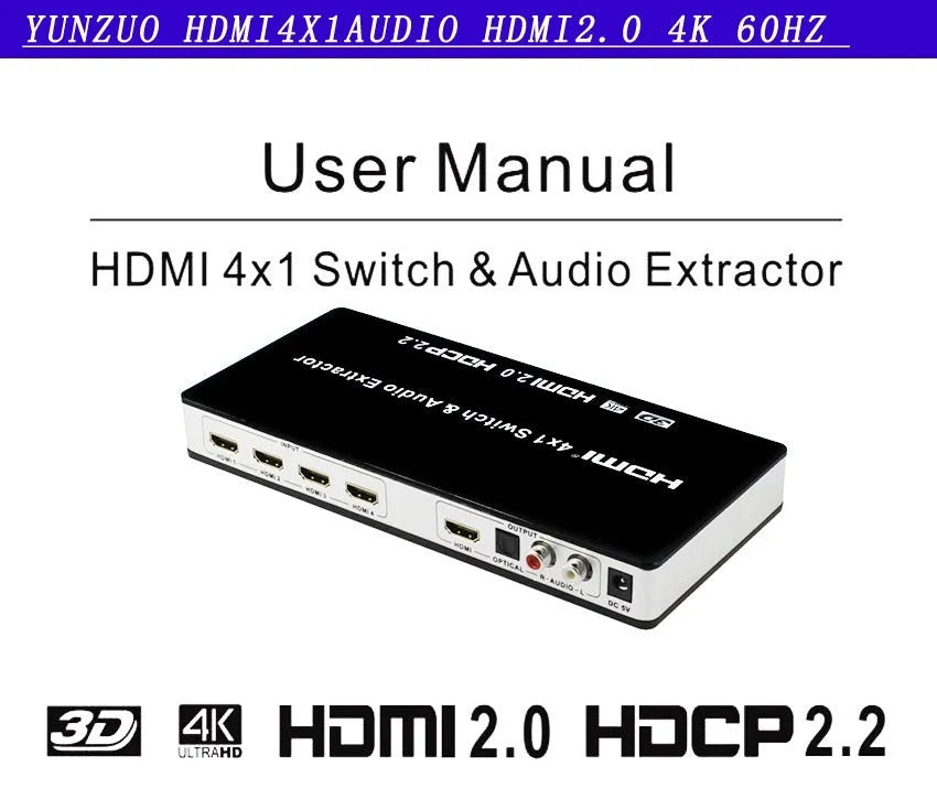 Black HDMI audio video switch unit with remote control for four input sources.