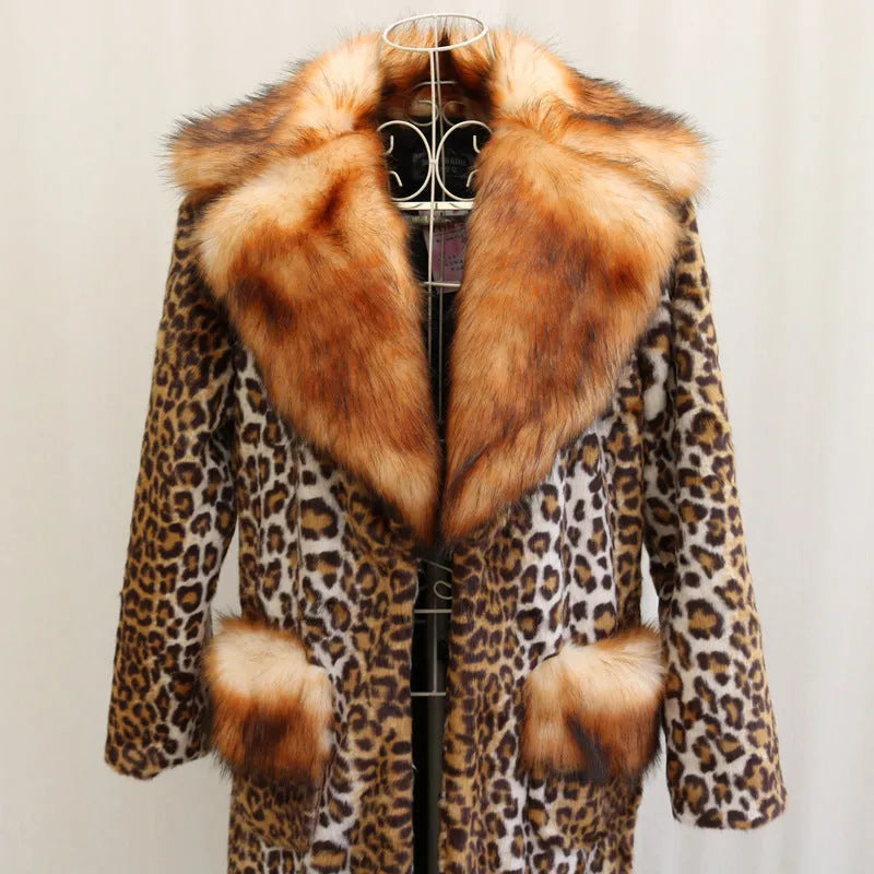 Women's long leopard print artificial fur jacket on hanger, showing regular sleeves and full length.