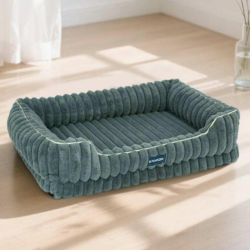Striped rabbit fur pet bed in large square shape with removable cover for dogs