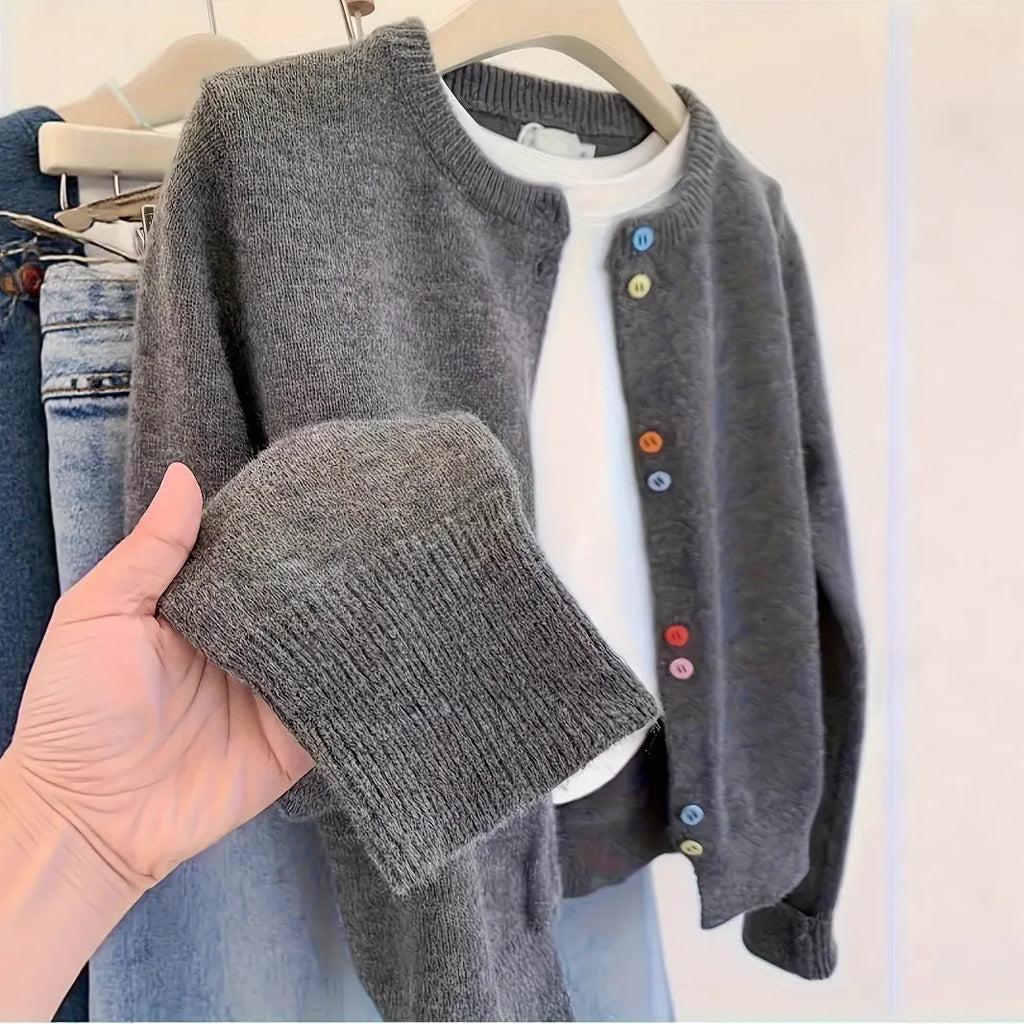 Dark grey women's polyester cardigan sweater with button fastening and regular sleeves