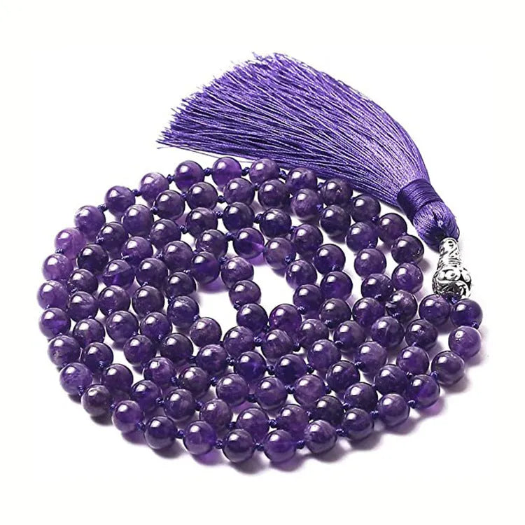 Agate geometric tassel necklace with amethyst blue pattern and multiple coloured stones at 95-100cm length