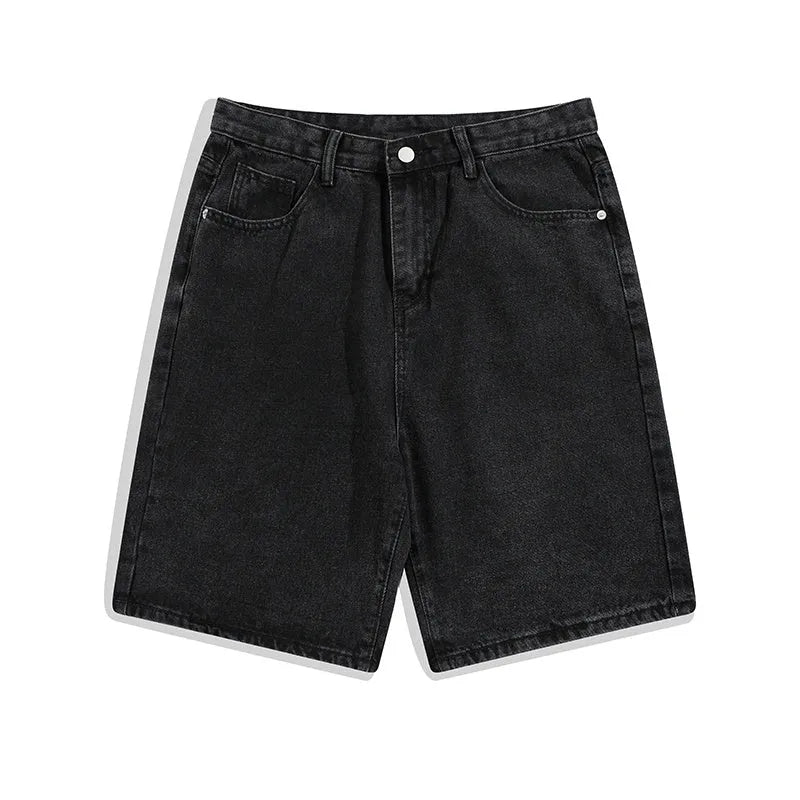 Men's light blue denim shorts with straight-leg cut and mid-waist fit on hanger