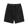 Men's light blue denim shorts with straight-leg cut and mid-waist fit on hanger