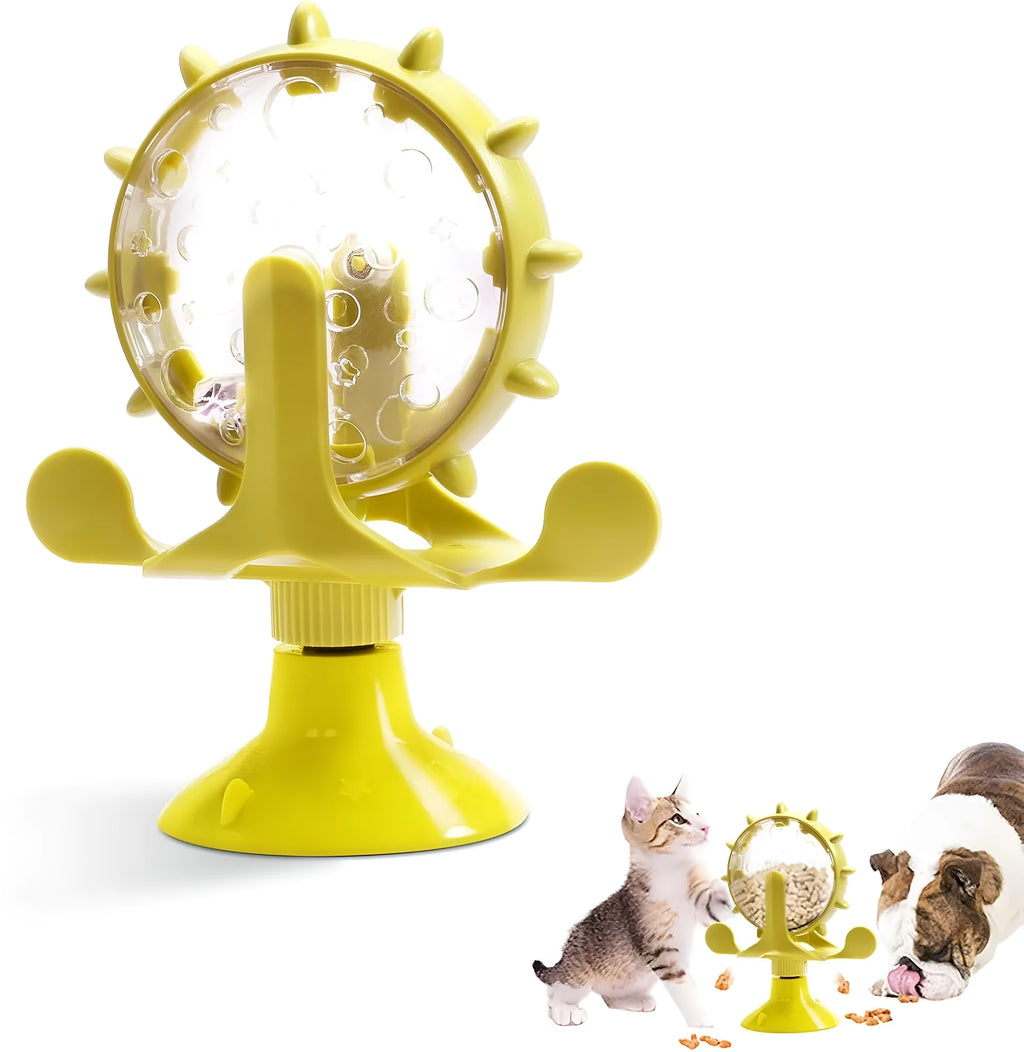 Interactive pet puzzle feeder toy with rotating dispenser in blue, green, red, or yellow colours