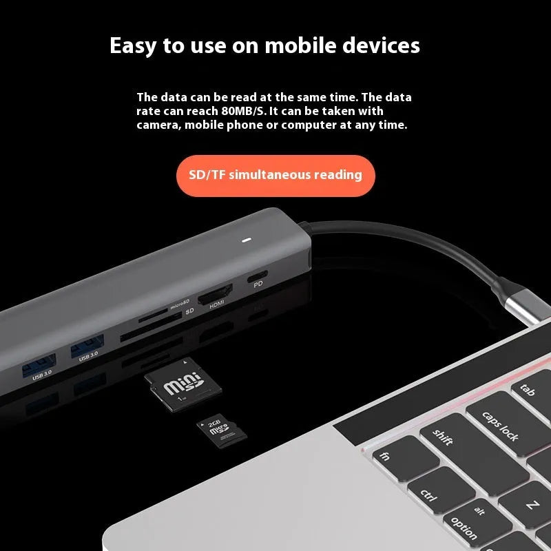 LQT-LH07 7-in-1 USB-C multi-port hub with card reader slots, HDMI, and USB ports.