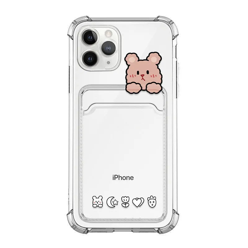 Transparent cartoon design TPU phone case with card holder for iPhone models
