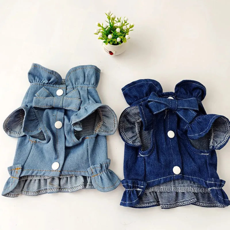 Blue denim pet dress with ruffled vest styling and leash hook for dogs or cats