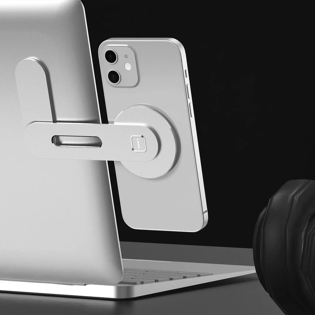Aluminium magnetic laptop expansion bracket in black colour showing arc magnet row and CNC machined construction