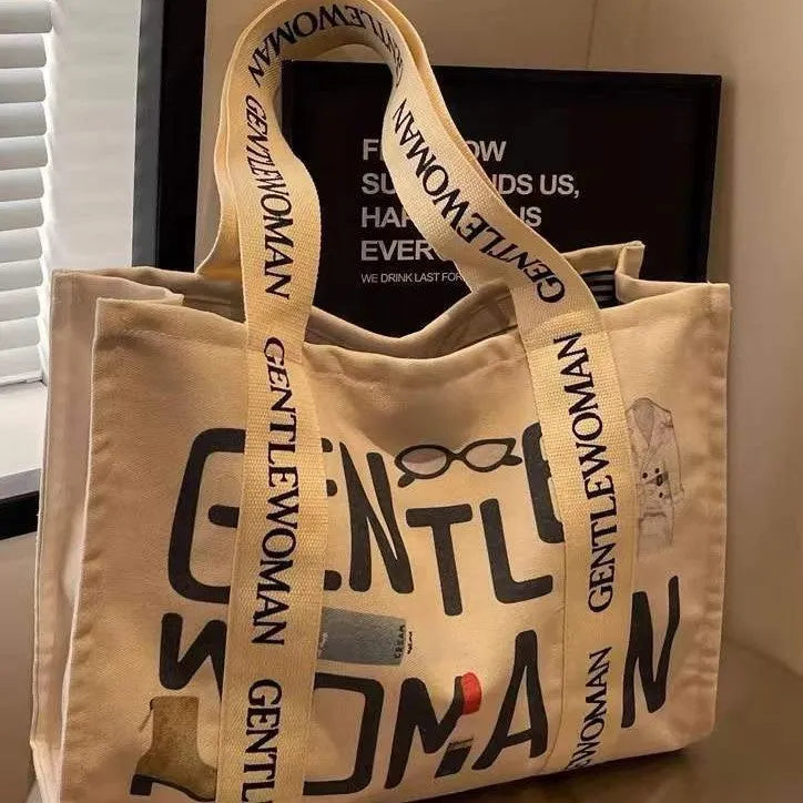 Large canvas tote bag with printed letter or pattern design for women