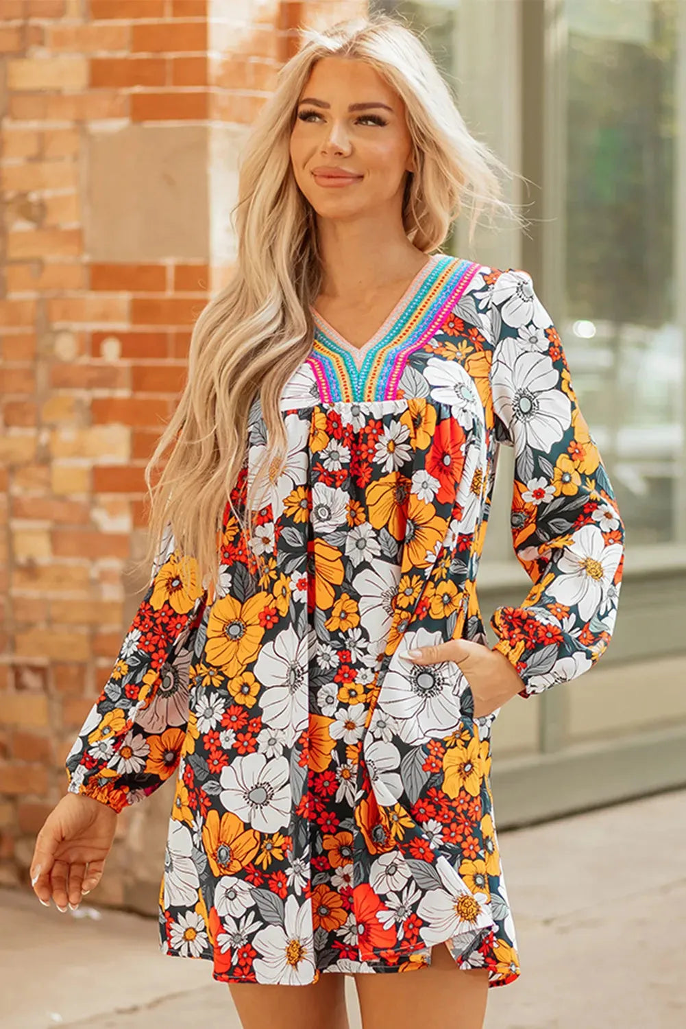 Orange floral striped lace V neck mini dress with long sleeves