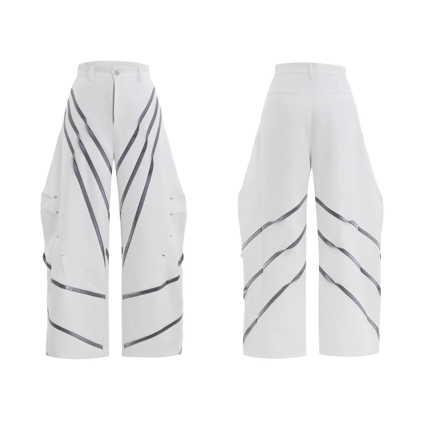 Men's black trousers with three-dimensional cutting and metal rivet pleats on a white background.