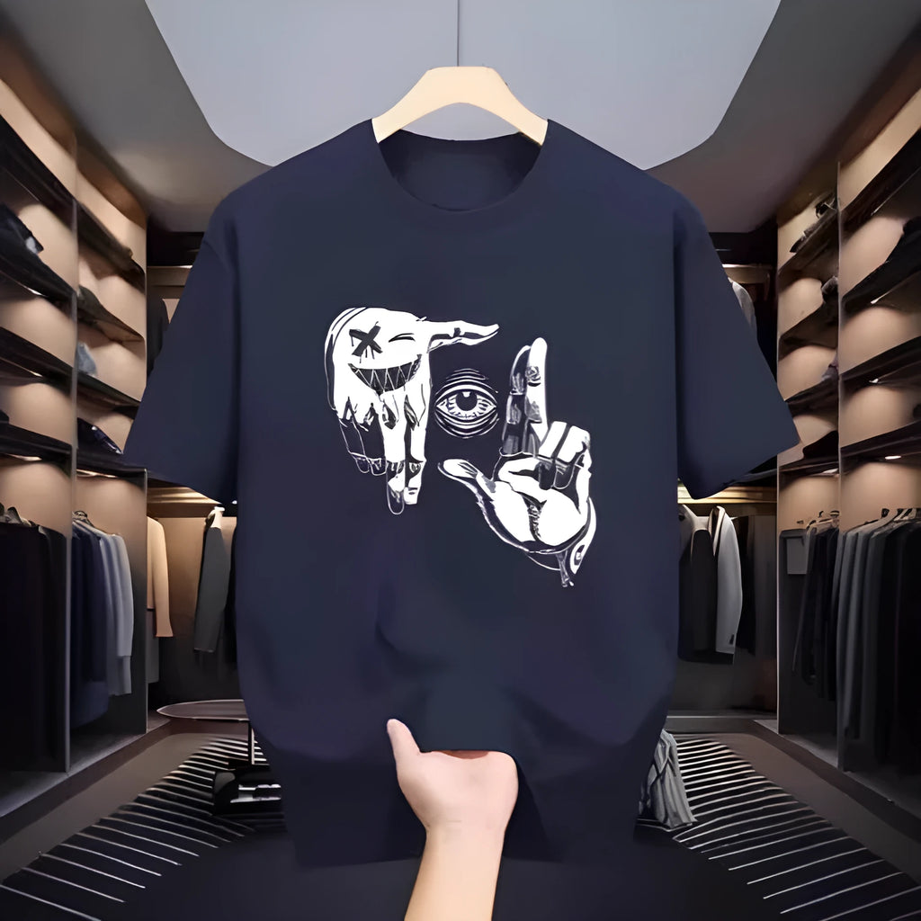 Men's grey cartoon print short sleeve t-shirt made from breathable mesh fabric.