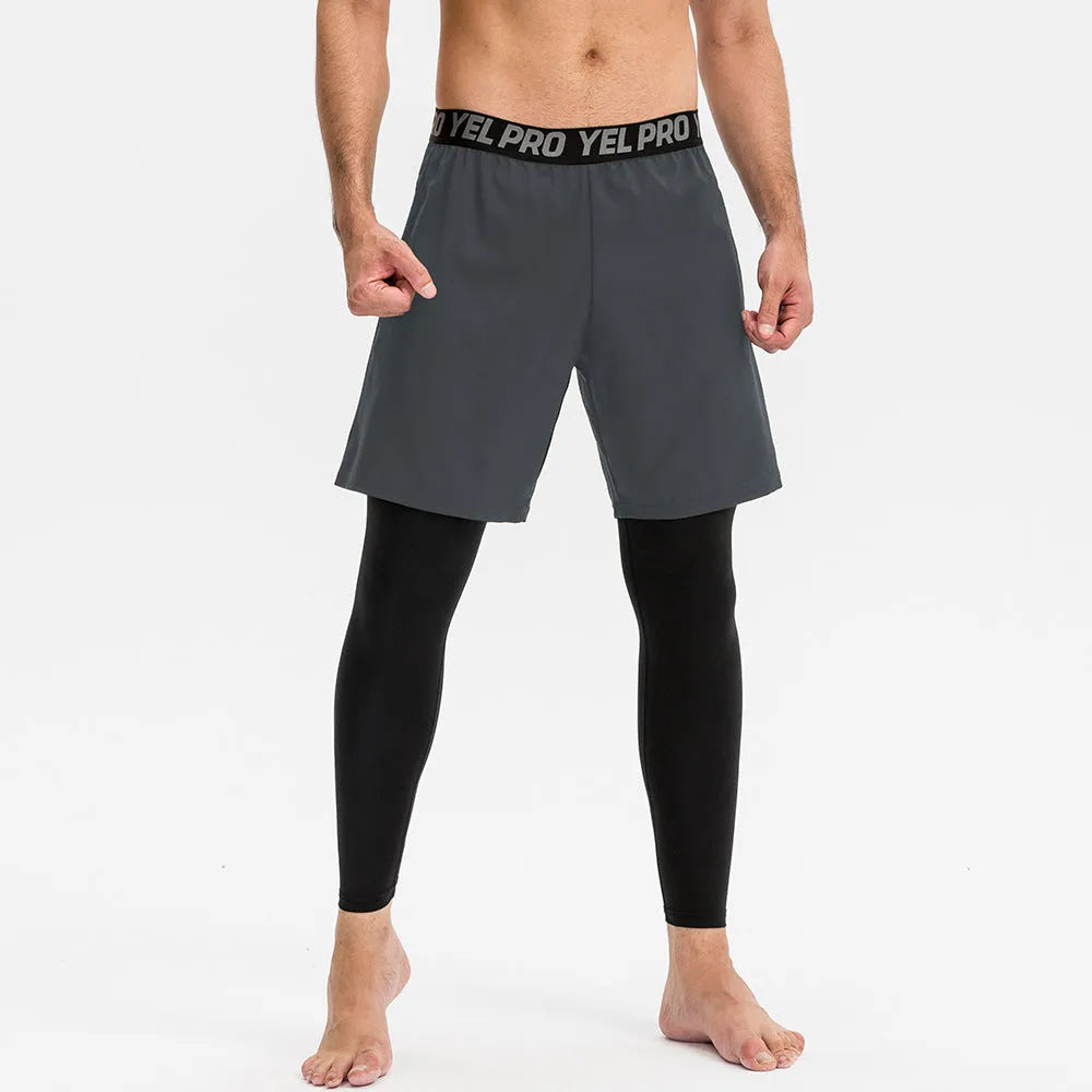 Men's grey quick-drying high elastic tight fitness pants for running and training.