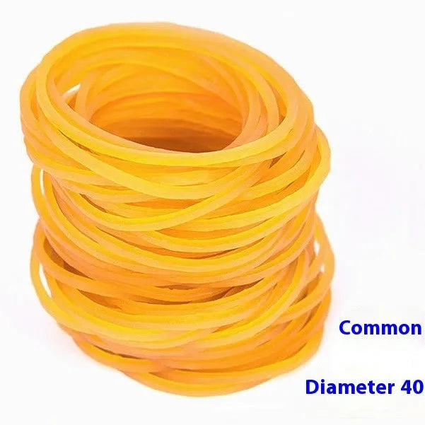 500g bulk pack of assorted bright yellow rubber bands in multiple sizes on a white background.