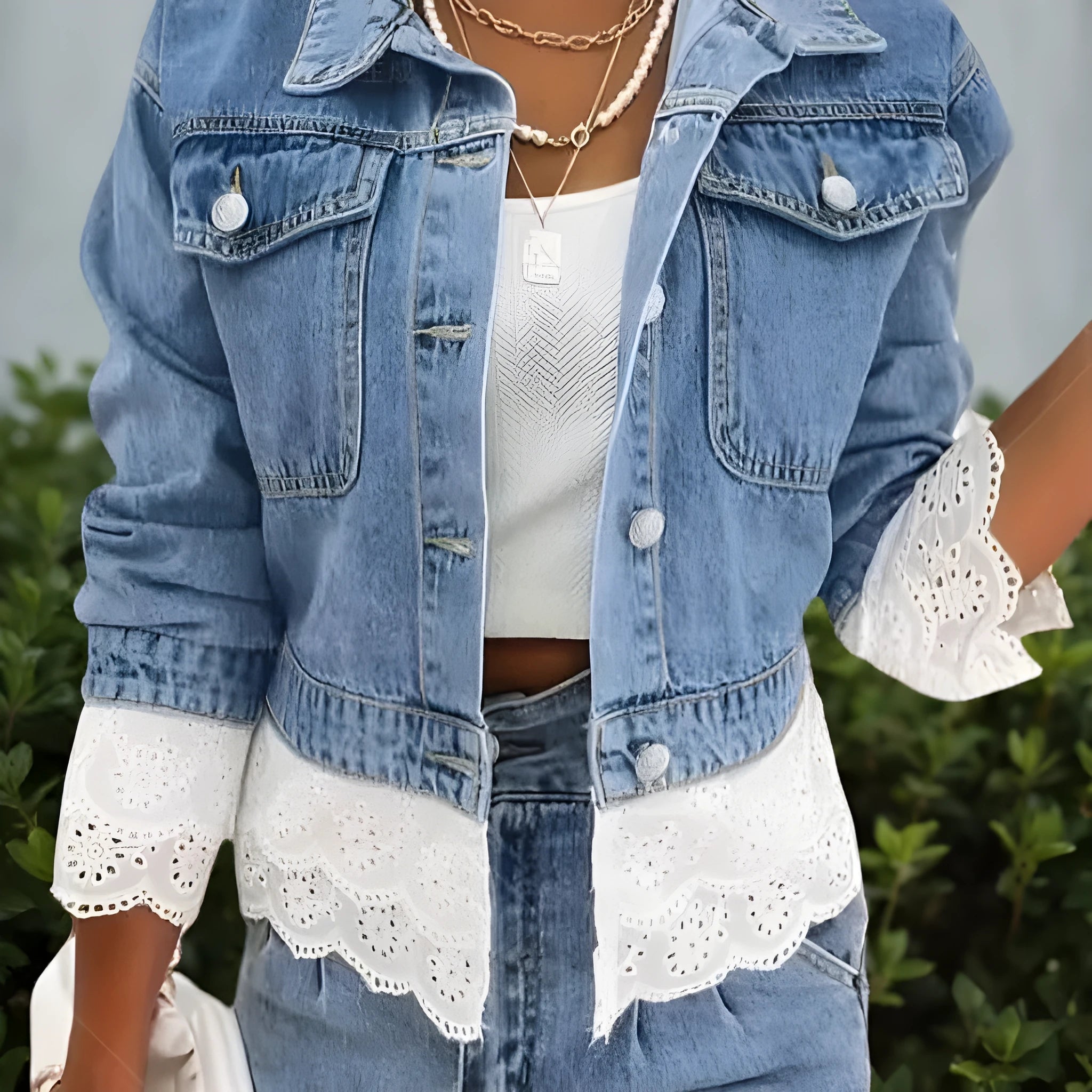 Blue women's denim jacket with lace stitching detail on the front, with long sleeves.