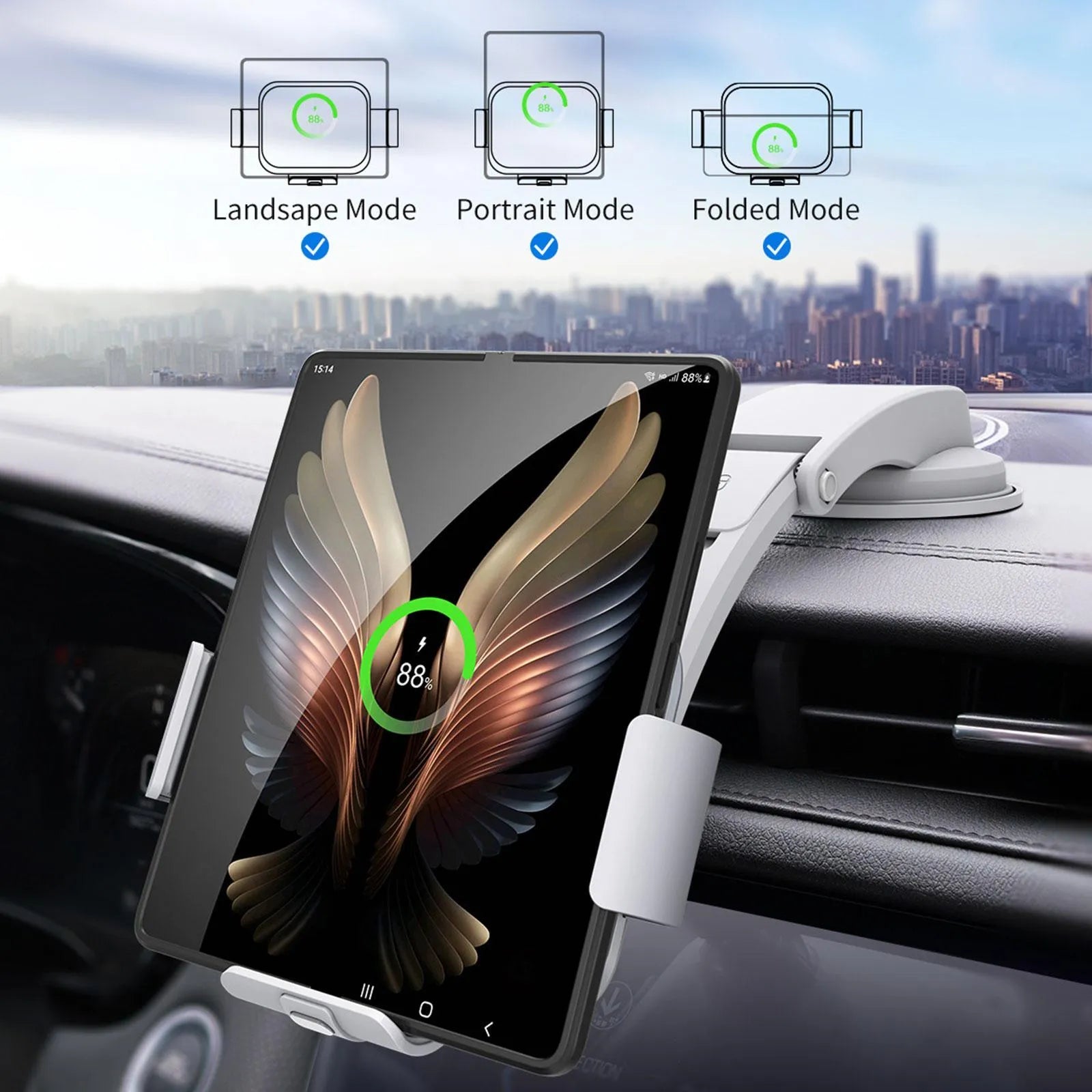Grey wireless charging car phone holder with folding screen, air vent clip and suction cup mount