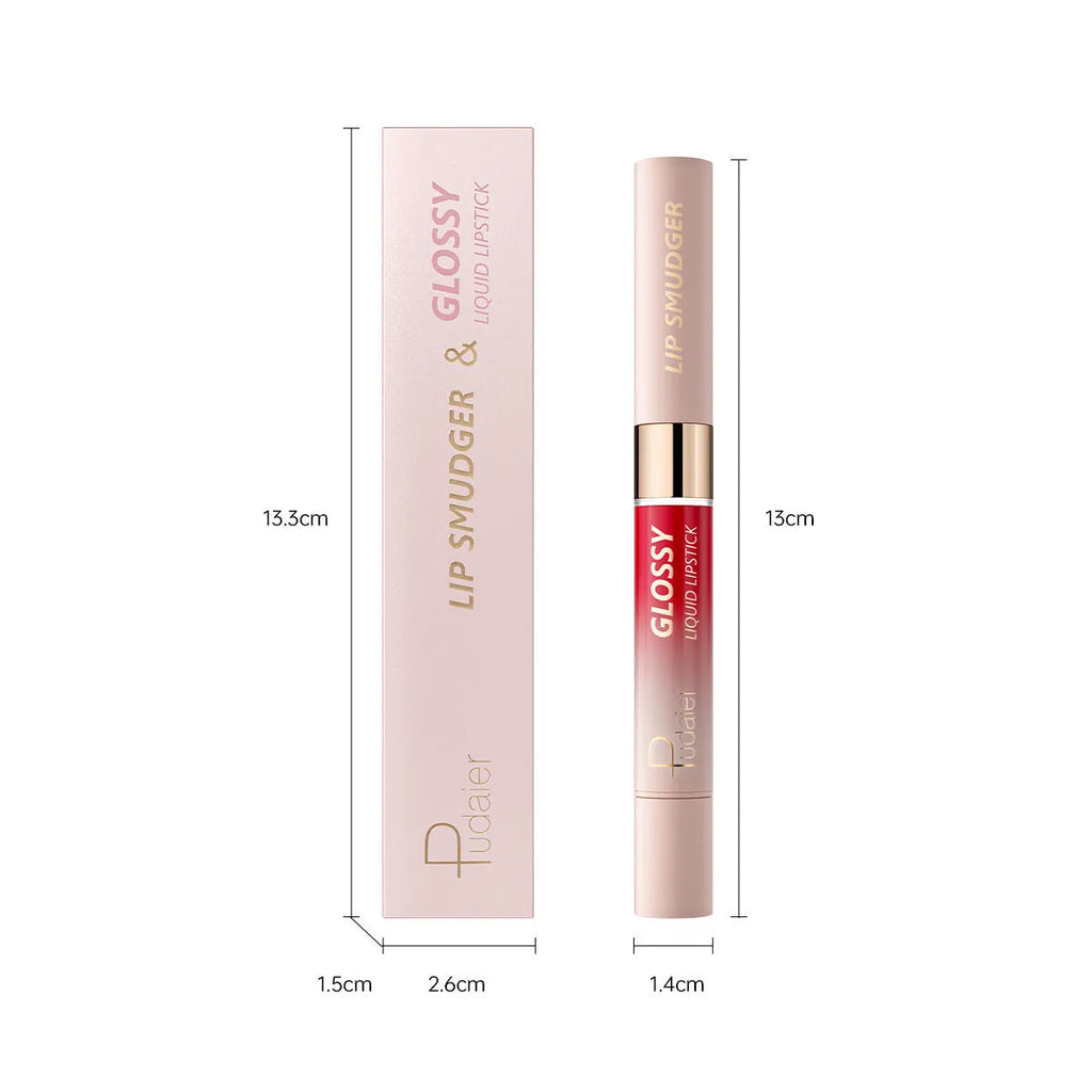 Double-headed lipstick with two colour tips showing matte finish, available in 10 colour variations