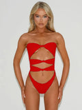 Women's nylon one-piece swimsuit with hollow out design in one of three colour variations
