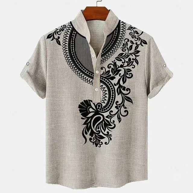 Men's striped casual shirt in loose fit with button linen style and polyester construction