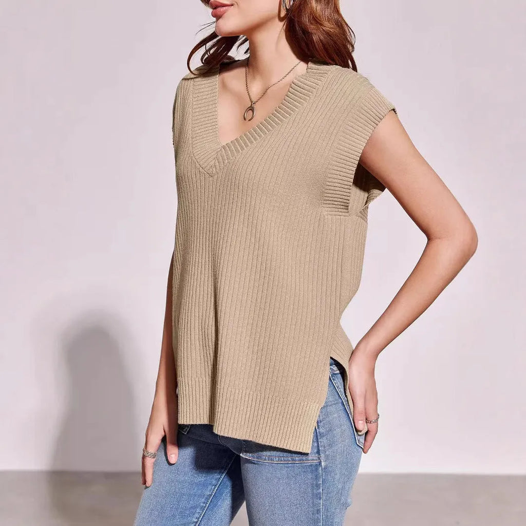 Camel and White women's sleeveless V-neck pullover vest in a loose, thin viscose fabric.