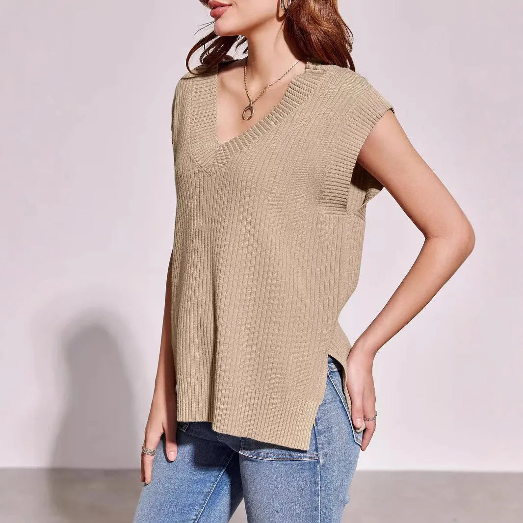 Camel and White women's sleeveless V-neck pullover vest in a loose, thin viscose fabric.