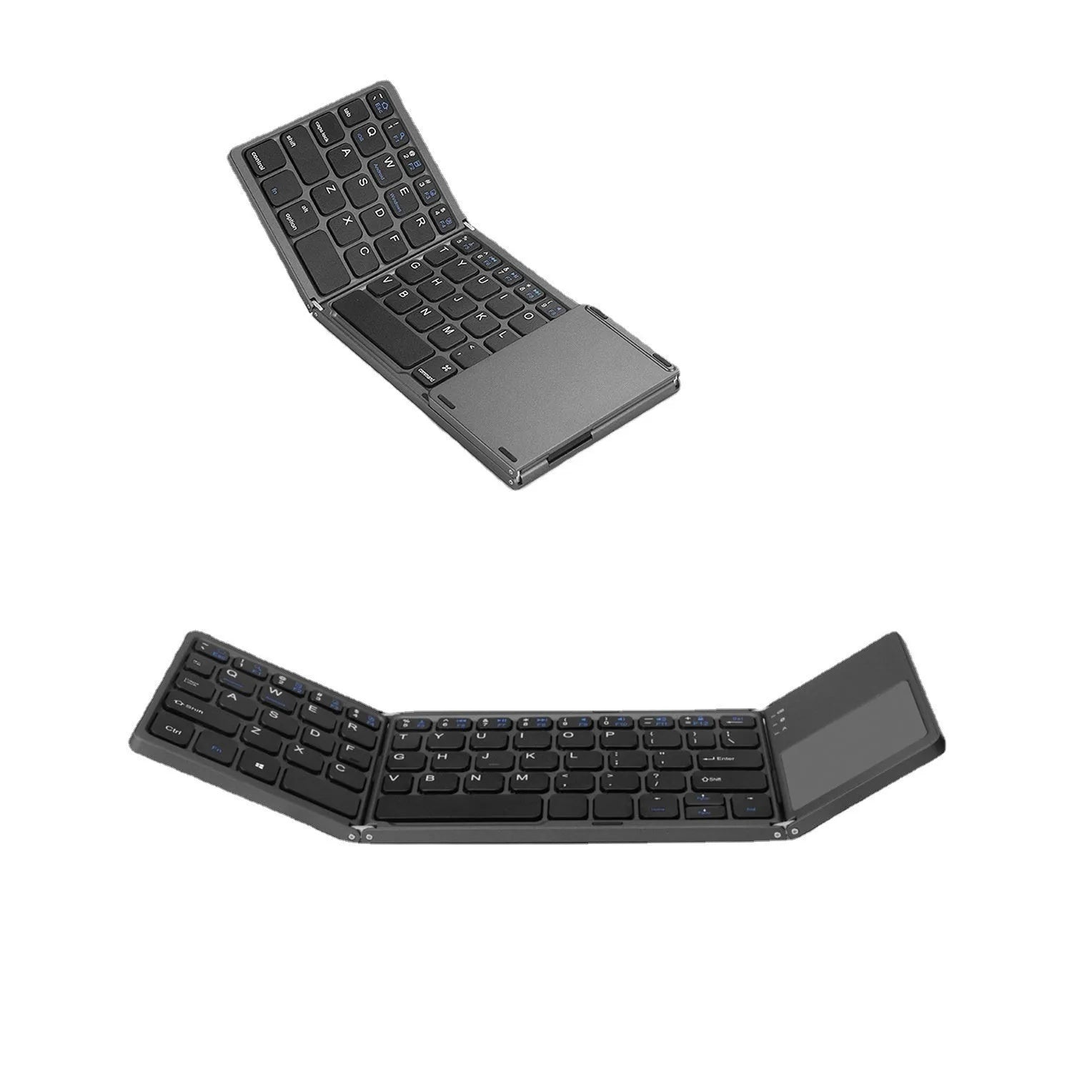 Black and silver mini tri-fold Bluetooth keyboard shown unfolded, displaying its slim profile and compact key layout.