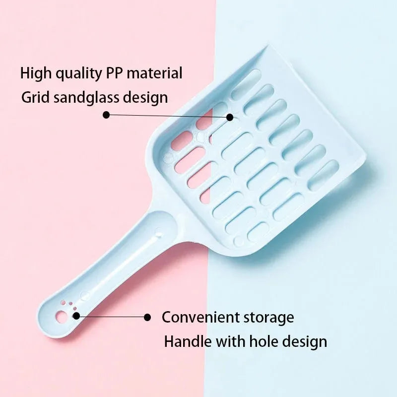 Blue plastic cat litter scoop tool on a white background.
