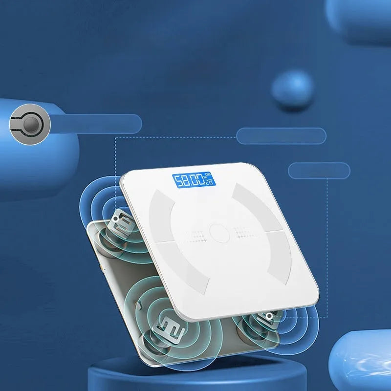 Smart Bluetooth rechargeable body fat scale in white, black or pink colour with weight and body composition measurements