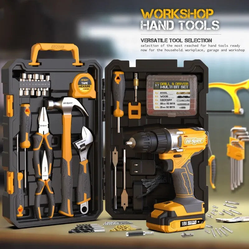 Grey yellow US style 82-piece chrome-vanadium steel tool set for furniture installation.