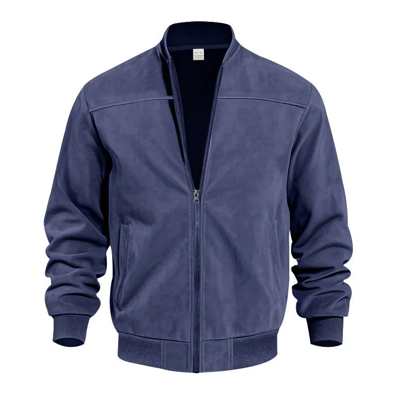 Men's plus-size suede casual zip jacket in Army Green, shown on a model.