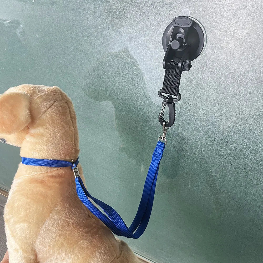Pet bathing fixed artifact with suction cup handcuffs and traction rope in black colour, showing large and small suction cup sizes