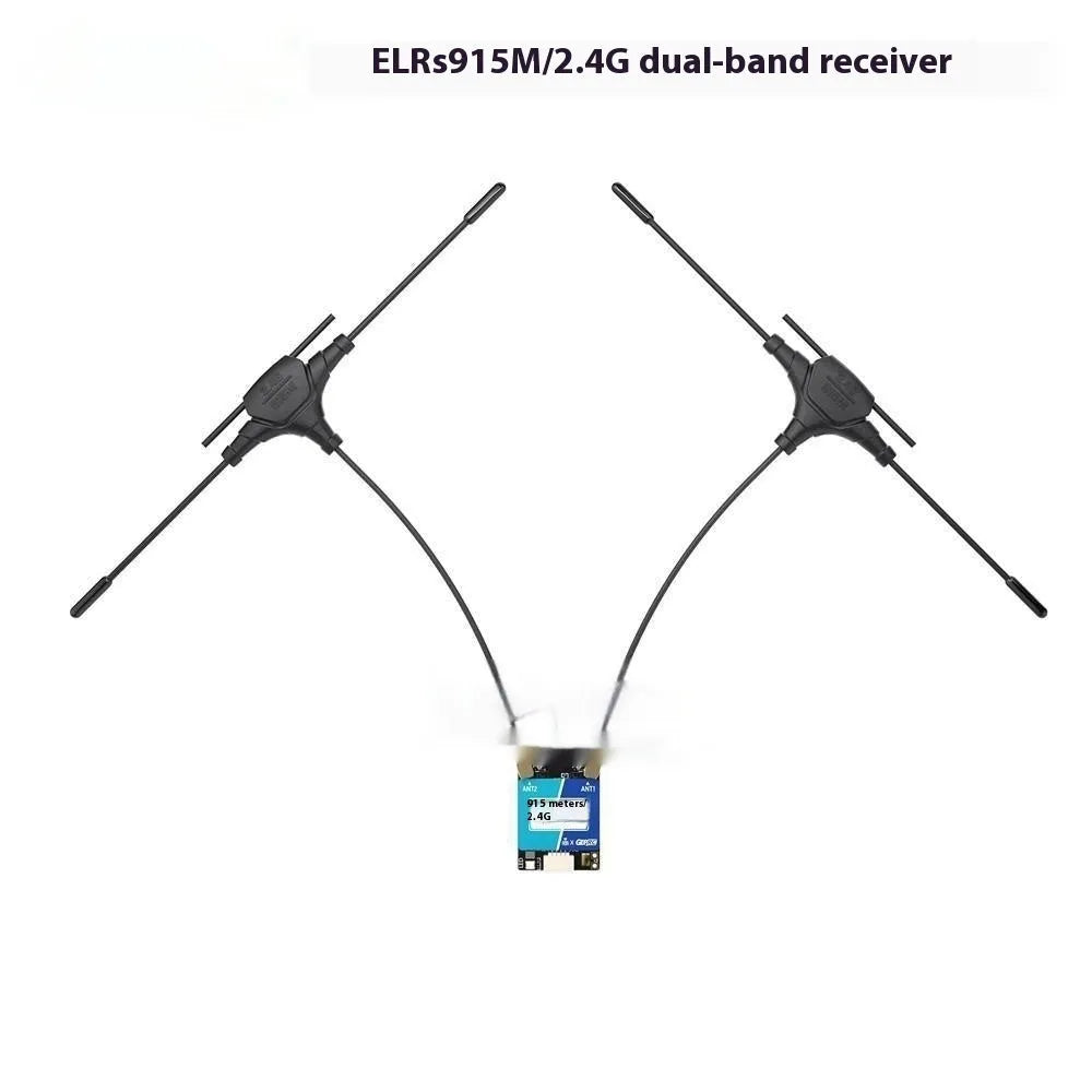 ELRS 915M/2.4G dual-frequency drone receiver with dual T-shaped antennas and metal construction