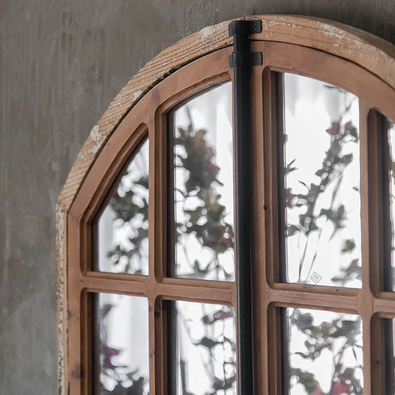 Terrace Distressed Fake Window Wall Mirror in log colour with wooden glass panel