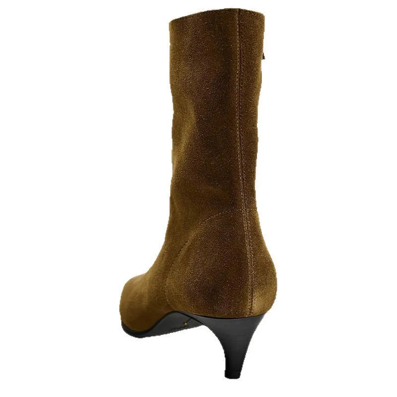 Brown women's retro ankle boots with a square toe, side zip, and a mid-height stiletto heel on a white background.