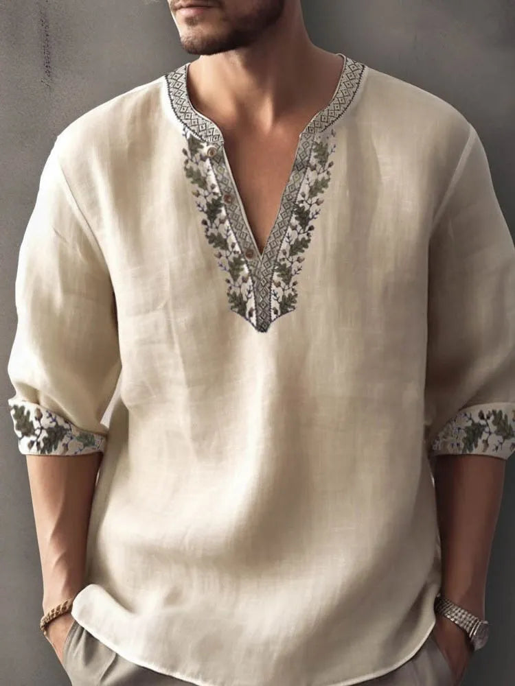 Short sleeve bamboo hemp pullover shirt with striped pattern and long sleeves.