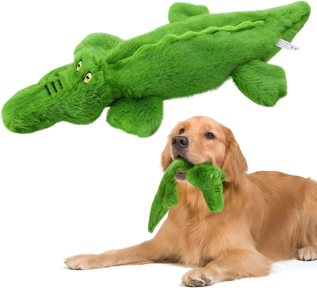 Green crocodile plush dog toy with no stuffing, for aggressive chewers with squeaker and crinkle sounds.